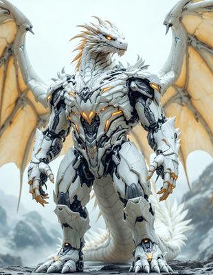 The primary subject of the image is a white dragon statue. The setting is a snowy environment, with the dragon statue standing in the snow. The visual style is a combination of digital art and illustration, creating a unique and intricate design. The colors and mood of the image are predominantly white, giving it a cold and serene atmosphere.